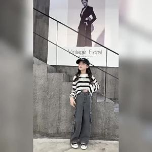 Kids Cargo Jeans For Girls 2024 Spring Korean Fashion Children Multi-Pocket Loose Straight Denim Trousers Teenage Baggy Pants 16