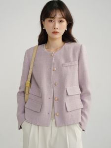 Elegant Knitted Outerwear round Neck Short Coat Spring Season Light Purple Fabric Breathable Comfortable for Young Women