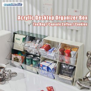 JustLiving 1pc 2 Layer Desktop Tea Bag Storage Box Clear Acrylic Desk Top Pantry Stackable Desktop Organizer for Capsule coffee instant milk tea Durable organizer shelf