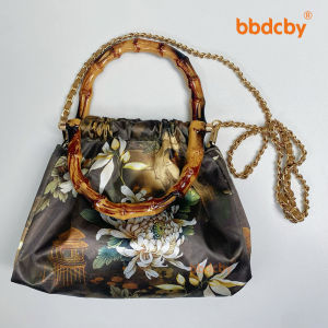 Retro Bamboo Handle Handbag Womens Crossbody Bag for Cheongsam Hanfu Small Niche Vintage Style Shopping Bag Canvas Material