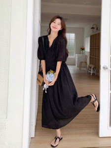 Elegant Black Chiffon Dress Womens Summer New Style Slimming Waist Design French High-End Feeling Long Skirt V-Neck Bubble Sleeve