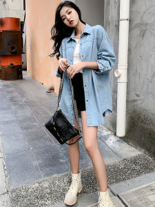 Loose Womens Denim Jacket Thin Long Spring Autumn Hong Kong Style Shirt Pocket Design Cotton Blend Casual Commute Style