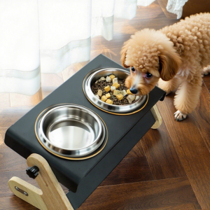 Elevated dog food and water bowl metal stand 2 stainless steel bowls adjustable tilt angle suitable for small dogs and cats