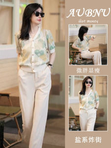 Summer New Womens Tea Tone Luxury Two-Piece Set Elegant Goddess Style Top Bottom Ensemble Korean round Neck Short Sleeve