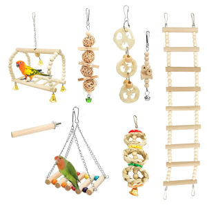 Wooden Parrot Toys Package Original Wood Color 8 Pieces Set Parrot Chew Play Wooden Swing Stairs for Pet Birds Accessories