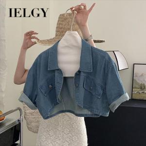 Ielgy khăn choàng Denim tay ngắn Áo Blouse eo cao nữ