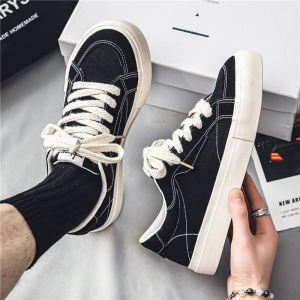 Trendy Black Canvas Shoes for Men Summer Breathable Low Top Sports Sneakers Retro Japanese Style Flat Heel Perforated Design