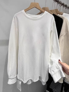 Womens Long Sleeve Cotton Base Shirt Inner Wear T-Shirt Spring Autumn Shark Pants Matching Mid-Length Top Korean Style Loose Fit