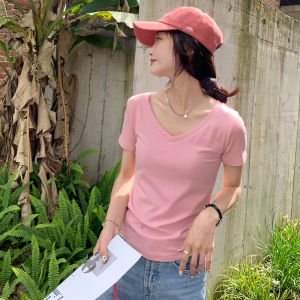 เสื้อยืดคอวีแขนสั้นทรงสลิมฟิตแบบบางจากโมดอล เสื้อเชิ้ตชั้นในแฟชั่นฤดูร้อน ทรงสั้น สไตล์เรียบง่าย เสื้อผ้าทำงานสำหรับผู้หญิง