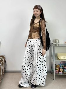 Quần Dài Thường Ngày Họa Tiết Chấm Bi American Retro Cho Nữ Mùa Hè Quần Dài Ống Rộng Cạp Cao Quần Dài Thường Ngày