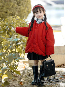 แจ็คเก็ตขนเป็ดสีแดง ทรงหลวม ปกป้องจากน้ำ ขนเป็ดสีขาว หนา สำหรับเด็กผู้หญิง เสื้อคลุมกันหนาว ฤดูหนาว เสื้อคลุมกันหนาว