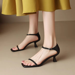 Xiaoluo Yuan Chuangju Beautiful French Sandals Female Square Toe Stiletto Heel Genuine Leather Buckle Roman Flats Womens Summer Outwear