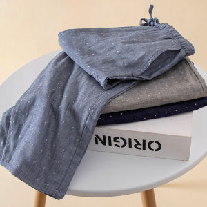Japanese Style Mens Pajama Trousers Pure Cotton Gauze Spring & Fall Thin Washed Cotton Pants Home Summer Loose Casual Homewear Pants