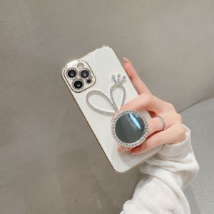 Creative DIY Water Diamond Mirror Stand Compatible with iPhone 16 14 pro 15 pro Max 11 Soft Silicon Apple 12 Full Cover Anti-Fall 13 Protective Case plus Popular Female Model