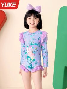 Childrens One-Piece Swimsuit Long Sleeve Training Swimwear Girls Professional Sun Protection Swimming Costume New 2025