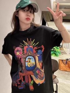 American Retro Cartoon Print Pure Cotton Short Sleeve T-Shirt Womens Loose Casual Half Sleeve Top for Couples plus Size