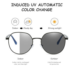 A.one Metal Photochromic Glasses Anti Blue Flat Light Glasses Women Casual Polygonal Color Changing Glasses
