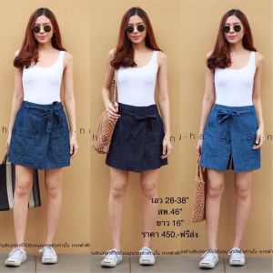 กระโปรงกางเกงผ้ายีนส์ฟอกแต่งโบว์ กางเกงกระโปรงขาสั้น