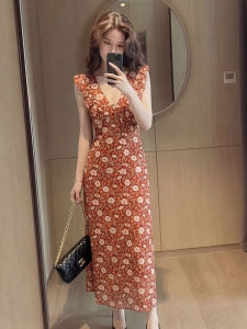 YIKEMAI | Vintage Floral French Style Sleeveless V-Neck Waist-Cinched Dress