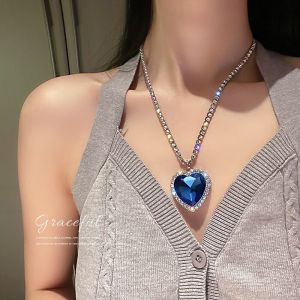 Heart of Ocean Blue Heart Necklaces for Women Rhinestone Crystal Long Chain Necklaces Love Forever Jewelry For Party Gifts K