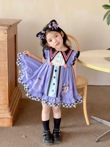 Cute Princess Dress for Little Girls Summer Clothes 2024 Doll Collar Dress Flying Sleeve Girls Cotton Skirt with Cartoon Design