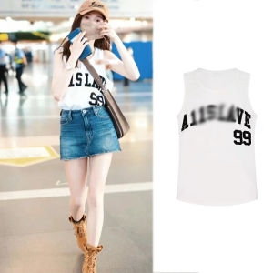 เสื้อกั๊กสปอร์ตแขนกุดพิมพ์ลายสไตล์อเมริกันสำหรับผู้หญิง ฤดูใบไม้ผลิและฤดูร้อน สีขาว ดีไซน์พิเศษ ผ้าฝ้ายแท้ 100%