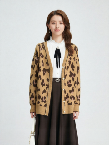 Koradior | Fall 100 Wool Rose Petal Leopard Print Fashion Cardigan