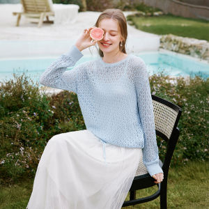 XIANGYING | Hollowed-out Round Neck Lightweight Long Sleeve Knit Top