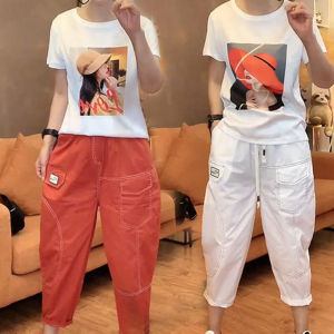 ความยาวข้อเท้าโพลีเอสเตอร์ชุดสองชิ้นสําหรับผู้หญิงหลวมพิมพ์ด้านบนและกางเกงยาว 91% เสื้อสวมหัวคอกลมแขนกุดสําหรับฤดูร้อน