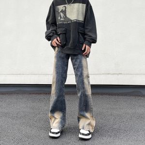 Retro American Washed Gradient Tie Dye Loose Mens Jeans Bell Bottom Design Casual Youthful Wear Resistant Long Pants