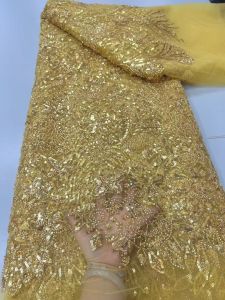 Luxury African Sequin Beaded Lace Fabric 2026 High-Quality Green Nigerian French Tulle Lace Fabric Womens Party Dress 5 Yards