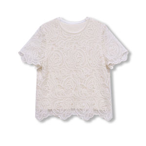 Elegant round Neck Short Sleeve T-Shirt Womens Spring Summer Apricot Lace Embroidery Cotton Blend Comfortable Breathable Tee