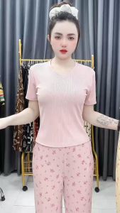 Set bộ thun gân áo cổ tim trơn quần dáng baggy hoạt tiết hoa dễ thương phù hợp mọi lứa tuổi - TK990