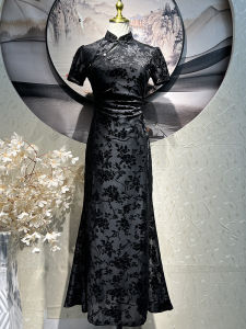 Elegant Vintage Style Black Chinese Cheongsam Young Womens Reformed Fish Tail Dress Breathable Short Sleeve Low Slit Skirt