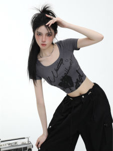 American Retro Grey Knitted Short Sleeve T-Shirt Women Summer Ice Silk Spicy Girl Slimming Belly Button Baring Short Style