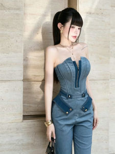 French Elegant Contrast Bustier Jumpsuit Slimming