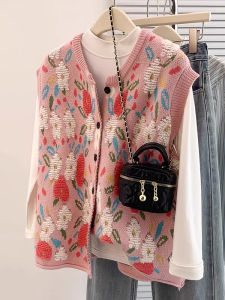 เสื้อกั๊กถักสีชมพูดอกไม้สำหรับผู้หญิง ฤดูใบไม้ผลิ 2025 แขนยาว ปกติ คอกลม กระดุมเดียว ลายดอกไม้ แฟชั่นอเนกประสงค์