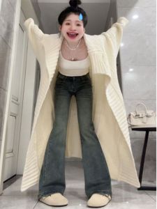 Loose Mid Length Long Length Idle Style Lapel Cable-Knit Sweater Outwear Womens Autumn and Winter Thickened Outer Wear Knitted Cardigan Top