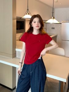 White Red Short Sleeve T-Shirt Womens 2025 New Summer Small Label Shoulder round Neck Short Style Slim Fit Top for Petite Women