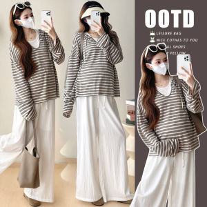 Laid-back Style Pregnant Women Striped Long-sleeved T-shirt and Wide-leg Pants 3-piece Set