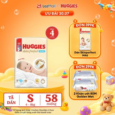 [QUÀ TẶNG ĐƠN 0Đ] Tã/bỉm dán sơ sinh Huggies Skin Perfect S 54 miếng với 2 vùng thấm giảm kích ứng da