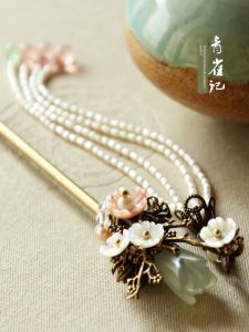 Handmade Hairpin Vintage Step-Rock Flowing Tassel Soutache Pearl Hanfu Accessory Ancient Style Headwear Flower Think Cloud Two