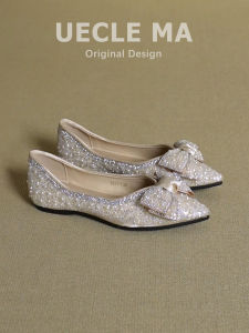 MASHUJIA | Leather Bow Decorated Flat Bridal Shoes