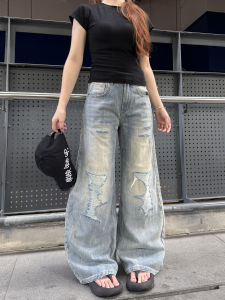 American Style High Street Faux Hole Design Washed Denim Pants Loose Wide Leg Long Trousers for Men And Women Casual Jeans