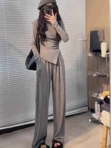 Fashionable Casual Sportswear Set Womens Autumn Winter Fleece Lined Wide Leg Pants High End Feel Mini Dress Two Piece Set