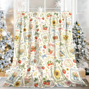 Beast Kingdom | Vintage Stamp Strawberry Sunflower Flannel Blanket Soft Fuzzy Plush Cozy Warm Throw for Sofa Bed Couch Home Decor