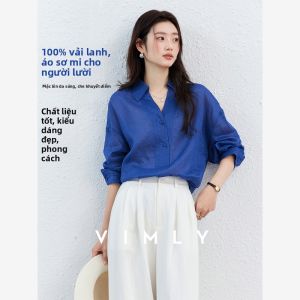 Vimly | Áo Sơ Mi Nữ Tay Ba Phân Màu Xanh Klein 100% Vải Linen