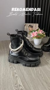 PINKEY P261 Sepatu Boots Wanita Sepatu Martin Tinggi Sebetis Ori/Black