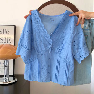 French Elegant Blue V-neck Pleated Short Shirt Women Summer Hooked Hollow Lace Trimmed Blouse Loose Fit Polyester Fiber