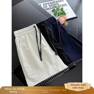 ZHUOCAN | Quần Short Mùa Hè Họa Tiết Caro Mỹ Lụa Băng Nhanh Khô Dáng Rộng Thẳng